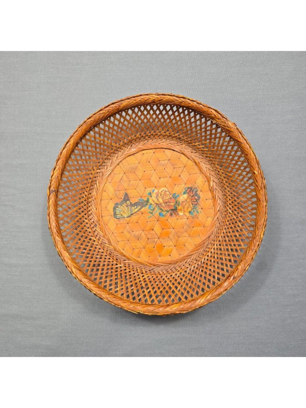 Vintage Woven Bamboo Basket Floral Butterfly Painted Round 11 Inch Wall Decor
